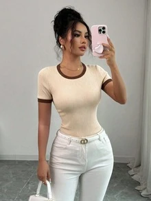 Elenzga Women's Colorblock Round Neck Short Sleeve Casual Ribbed T-Shirt Everyday School Brown And Cream Summer - Apricot - View 5