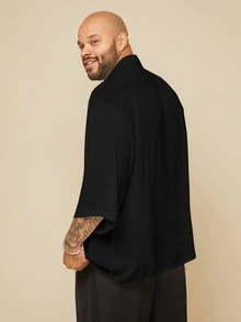 EASEVO Men Plus Size Woven Black Short Sleeve Shirt, Fall, Vacation, Father's Day Gifts - Black - View 2