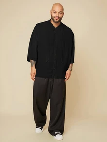 EASEVO Men Plus Size Woven Black Short Sleeve Shirt, Fall, Vacation, Father's Day Gifts - Black - View 4