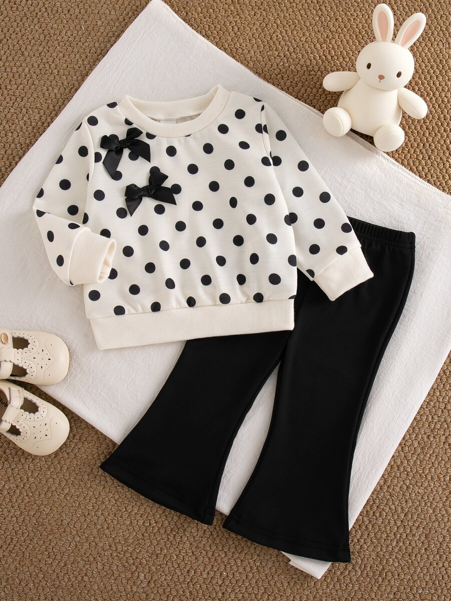 SHEIN Baby Girl Spring/Autumn Printed Polka Dot Long Sleeve Top & Flared Pants 2-Piece Set, Cute Comfortable Sweatshirt Outfit For Indoor And Outdoor Activities