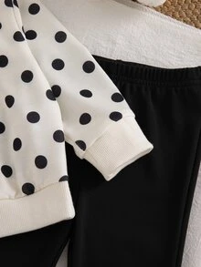 SHEIN Baby Girl Spring/Autumn Printed Polka Dot Long Sleeve Top & Flared Pants 2-Piece Set, Cute Comfortable Sweatshirt Outfit For Indoor And Outdoor Activities - Black and White - View 6