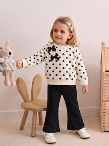 SHEIN Baby Girl Spring/Autumn Printed Polka Dot Long Sleeve Top & Flared Pants 2-Piece Set, Cute Comfortable Sweatshirt Outfit For Indoor And Outdoor Activities - Black and White - View 4