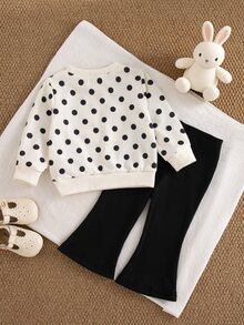 SHEIN Baby Girl Spring/Autumn Printed Polka Dot Long Sleeve Top & Flared Pants 2-Piece Set, Cute Comfortable Sweatshirt Outfit For Indoor And Outdoor Activities - Black and White - View 3