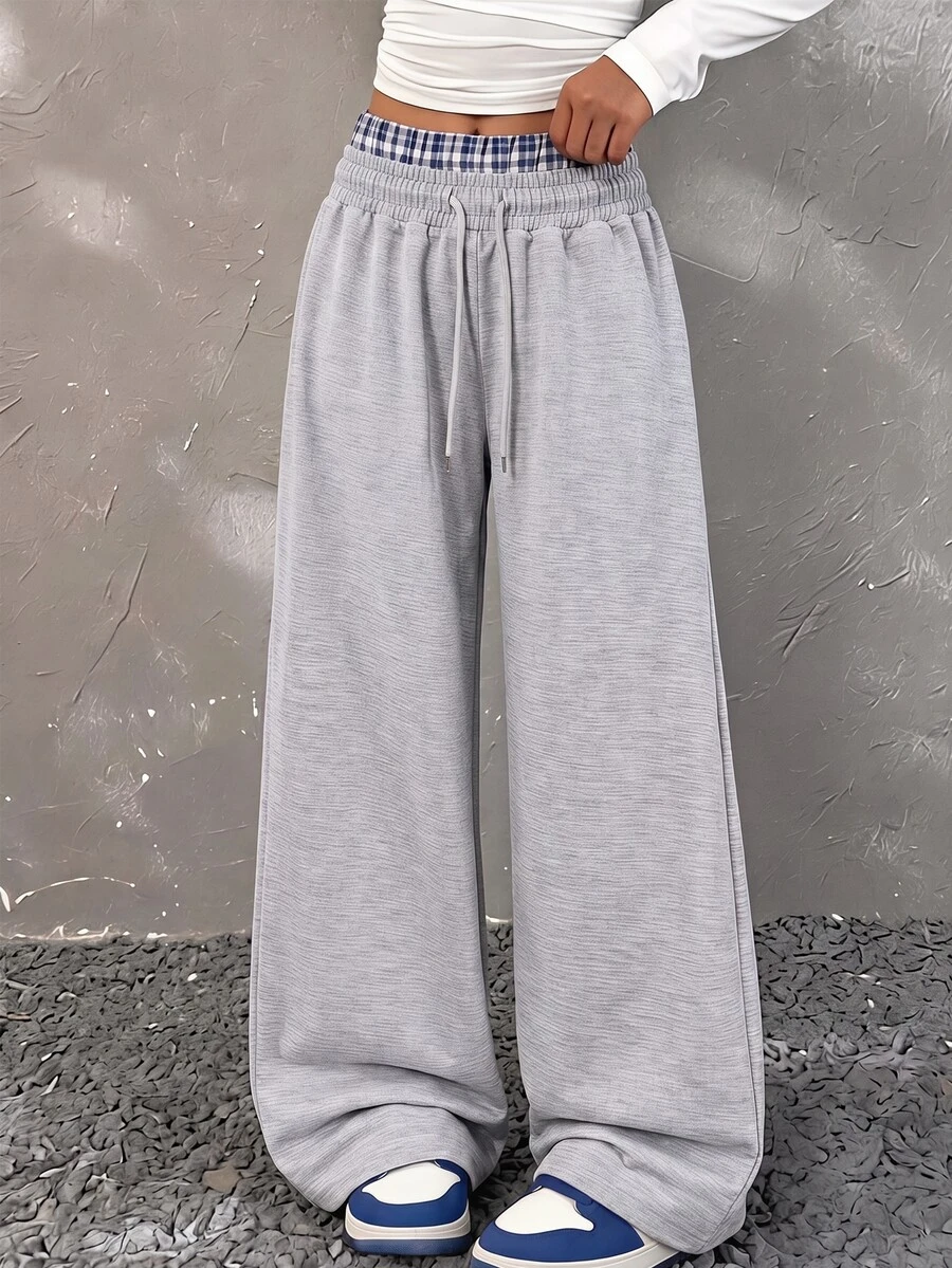 Tween Girls New Fashion Plaid Patchwork Grey Waistband 2 In 1 Casual Comfortable Loose Wide Leg Long Pants 3pcs Set Spring/Autumn Christmas - Grey - View 1
