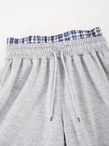 Tween Girls New Fashion Plaid Patchwork Grey Waistband 2 In 1 Casual Comfortable Loose Wide Leg Long Pants 3pcs Set Spring/Autumn Christmas - Grey - View 5
