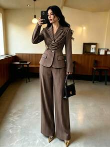 Elenzga 春季新款藍色條紋優雅通勤風收腰喇叭褲，飾有裝飾扣與百褶設計，女款兩件套 - 棕色 - 查看 5