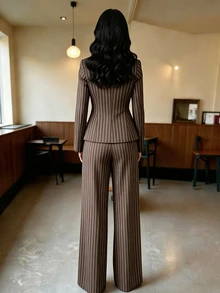 Elenzga 春季新款藍色條紋優雅通勤風收腰喇叭褲，飾有裝飾扣與百褶設計，女款兩件套 - 棕色 - 查看 2