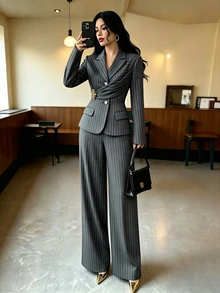 Elenzga 春季新款藍色條紋優雅通勤風收腰喇叭褲，附裝飾扣與百褶設計，女款兩件套 - 灰色 - 查看 7