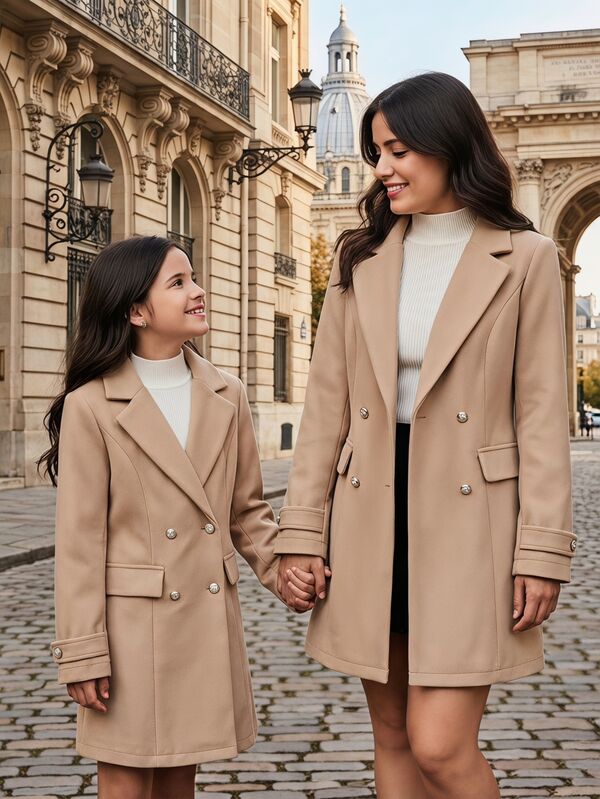 SHEIN Teen Girls Long Sleeve Fleece Fall Clothes Classic Elegant Fashion Woven Wool Fabric Long Trench Coat, Slim Fit Comfortable