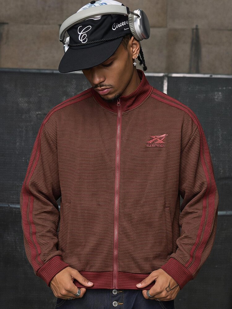 AXEPEAK Casual Vacation Sports Colorblock Patchwork Outdoor College Handsome Versatile Open Front Long Sleeve Hoodless Sweatshirt - Brown - View 7