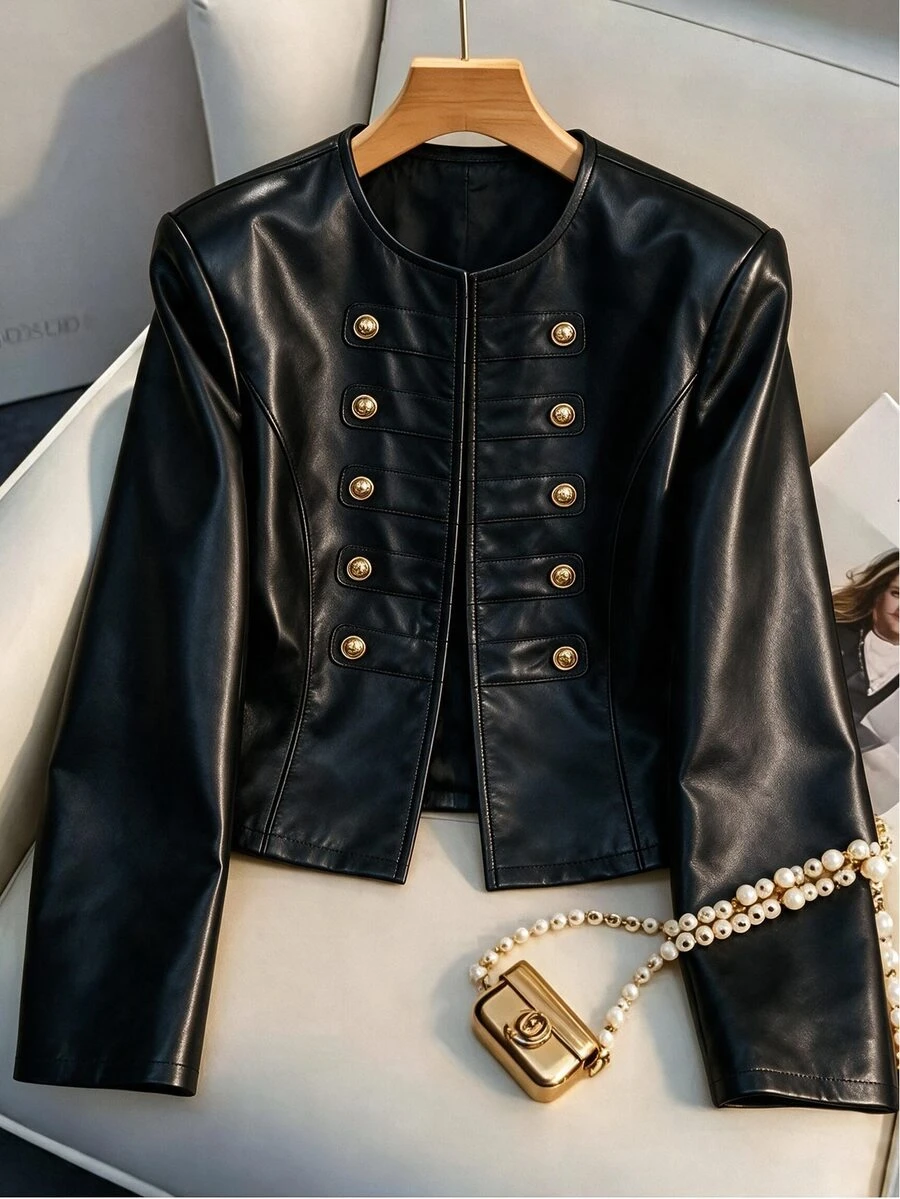 EMERY ROSE Plus Size Women's Best‑Seller Elegant Round Neck Solid Color Napoleon Court Style Faux Leather Jacket, Versatile Outerwear For Daily Wear And Commute - Black - View 1
