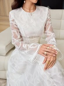 Yasmyna Round Neck Jacquard Flare Long Sleeve Waist Tie Cinched Waist Lace Trim Patchwork Dress Wedding White Summer Modest Normal - Apricot - View 6