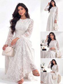 Yasmyna Round Neck Jacquard Flare Long Sleeve Waist Tie Cinched Waist Lace Trim Patchwork Dress Wedding White Summer Modest Normal - Apricot - View 4