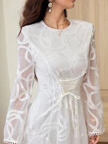 Yasmyna Round Neck Jacquard Flare Long Sleeve Waist Tie Cinched Waist Lace Trim Patchwork Dress Wedding White Summer Modest Normal - Apricot - View 5