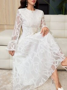 Yasmyna Round Neck Jacquard Flare Long Sleeve Waist Tie Cinched Waist Lace Trim Patchwork Dress Wedding White Summer Modest Normal - Apricot - View 9