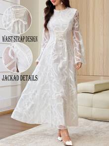 Yasmyna Round Neck Jacquard Flare Long Sleeve Waist Tie Cinched Waist Lace Trim Patchwork Dress Wedding White Summer Modest Normal - Apricot - View 2