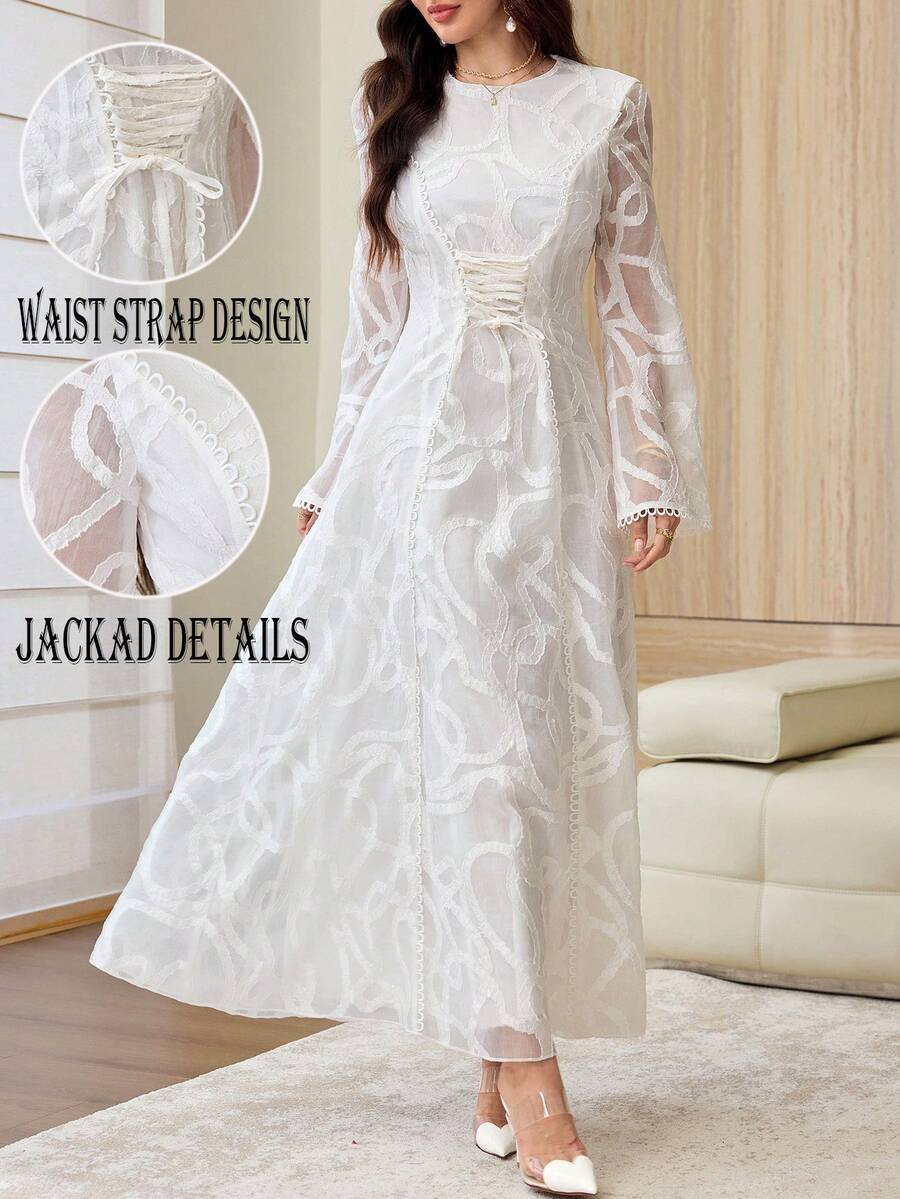 Yasmyna Round Neck Jacquard Flare Long Sleeve Waist Tie Cinched Waist Lace Trim Patchwork Dress Wedding White Summer Modest Normal