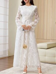 Yasmyna Round Neck Jacquard Flare Long Sleeve Waist Tie Cinched Waist Lace Trim Patchwork Dress Wedding White Summer Modest Normal - Apricot - View 8
