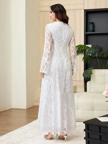 Yasmyna Round Neck Jacquard Flare Long Sleeve Waist Tie Cinched Waist Lace Trim Patchwork Dress Wedding White Summer Modest Normal - Apricot - View 3
