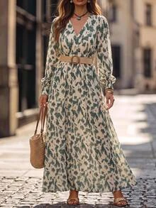 Brillora Women's Autumn/Winter New Leopard Print Deep V-Neck Bodycon Maxi Dress, Slim Fit, High Waist, Cinched Waist, Elegant, Long Sleeves, Slightly Puffy Sleeves, Commute, Work, Date, Party, Casual, Daily Wear, Fashion, High-End, Versatile, Women's Dress Single Item Recommendation, New Arrival, Hot-Selling, Autumn/Winter Essential, Limited Time Offer, New Product - Green - View 15