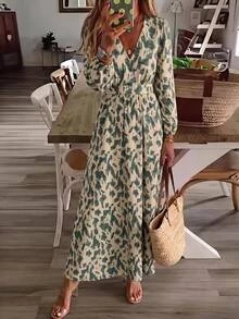 Brillora Women's Autumn/Winter New Leopard Print Deep V-Neck Bodycon Maxi Dress, Slim Fit, High Waist, Cinched Waist, Elegant, Long Sleeves, Slightly Puffy Sleeves, Commute, Work, Date, Party, Casual, Daily Wear, Fashion, High-End, Versatile, Women's Dress Single Item Recommendation, New Arrival, Hot-Selling, Autumn/Winter Essential, Limited Time Offer, New Product - Green - View 16