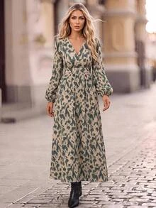 Brillora Women's Autumn/Winter New Leopard Print Deep V-Neck Bodycon Maxi Dress, Slim Fit, High Waist, Cinched Waist, Elegant, Long Sleeves, Slightly Puffy Sleeves, Commute, Work, Date, Party, Casual, Daily Wear, Fashion, High-End, Versatile, Women's Dress Single Item Recommendation, New Arrival, Hot-Selling, Autumn/Winter Essential, Limited Time Offer, New Product - Green - View 9