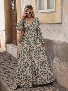 Brillora Women's Autumn/Winter New Leopard Print Deep V-Neck Bodycon Maxi Dress, Slim Fit, High Waist, Cinched Waist, Elegant, Long Sleeves, Slightly Puffy Sleeves, Commute, Work, Date, Party, Casual, Daily Wear, Fashion, High-End, Versatile, Women's Dress Single Item Recommendation, New Arrival, Hot-Selling, Autumn/Winter Essential, Limited Time Offer, New Product - Green - View 7