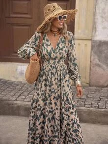 Brillora Women's Autumn/Winter New Leopard Print Deep V-Neck Bodycon Maxi Dress, Slim Fit, High Waist, Cinched Waist, Elegant, Long Sleeves, Slightly Puffy Sleeves, Commute, Work, Date, Party, Casual, Daily Wear, Fashion, High-End, Versatile, Women's Dress Single Item Recommendation, New Arrival, Hot-Selling, Autumn/Winter Essential, Limited Time Offer, New Product - Green - View 4