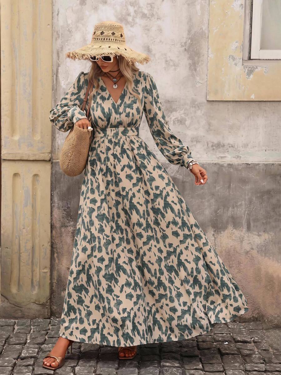 Brillora Women's Autumn/Winter New Leopard Print Deep V-Neck Bodycon Maxi Dress, Slim Fit, High Waist, Cinched Waist, Elegant, Long Sleeves, Slightly Puffy Sleeves, Commute, Work, Date, Party, Casual, Daily Wear, Fashion, High-End, Versatile, Women's Dress Single Item Recommendation, New Arrival, Hot-Selling, Autumn/Winter Essential, Limited Time Offer, New Product - Green - View 1