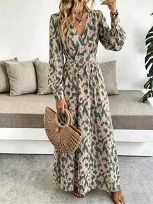 Brillora Women's Autumn/Winter New Leopard Print Deep V-Neck Bodycon Maxi Dress, Slim Fit, High Waist, Cinched Waist, Elegant, Long Sleeves, Slightly Puffy Sleeves, Commute, Work, Date, Party, Casual, Daily Wear, Fashion, High-End, Versatile, Women's Dress Single Item Recommendation, New Arrival, Hot-Selling, Autumn/Winter Essential, Limited Time Offer, New Product - Green - View 11