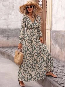 Brillora Women's Autumn/Winter New Leopard Print Deep V-Neck Bodycon Maxi Dress, Slim Fit, High Waist, Cinched Waist, Elegant, Long Sleeves, Slightly Puffy Sleeves, Commute, Work, Date, Party, Casual, Daily Wear, Fashion, High-End, Versatile, Women's Dress Single Item Recommendation, New Arrival, Hot-Selling, Autumn/Winter Essential, Limited Time Offer, New Product - Green - View 8