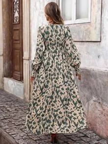 Brillora Women's Autumn/Winter New Leopard Print Deep V-Neck Bodycon Maxi Dress, Slim Fit, High Waist, Cinched Waist, Elegant, Long Sleeves, Slightly Puffy Sleeves, Commute, Work, Date, Party, Casual, Daily Wear, Fashion, High-End, Versatile, Women's Dress Single Item Recommendation, New Arrival, Hot-Selling, Autumn/Winter Essential, Limited Time Offer, New Product - Green - View 2