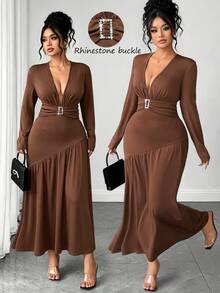 Elenzga Gaun Elegan Lengan Panjang Leher V Dalam untuk Wanita Musim Gugur/Dingin, Gaun Pesta Formal Musim Gugur Warna Hijau Tua - Coklat - View 1