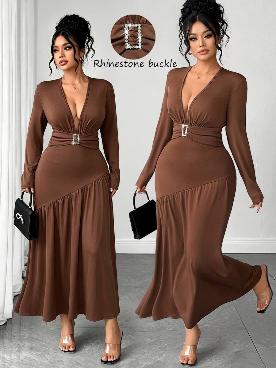 Elenzga Gaun Elegan Lengan Panjang Leher V Dalam untuk Wanita Musim Gugur/Dingin, Gaun Pesta Formal Musim Gugur Warna Hijau Tua - Coklat - View 1