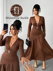 Elenzga Gaun Elegan Lengan Panjang Leher V Dalam untuk Wanita Musim Gugur/Dingin, Gaun Pesta Formal Musim Gugur Warna Hijau Tua - Coklat - View 3