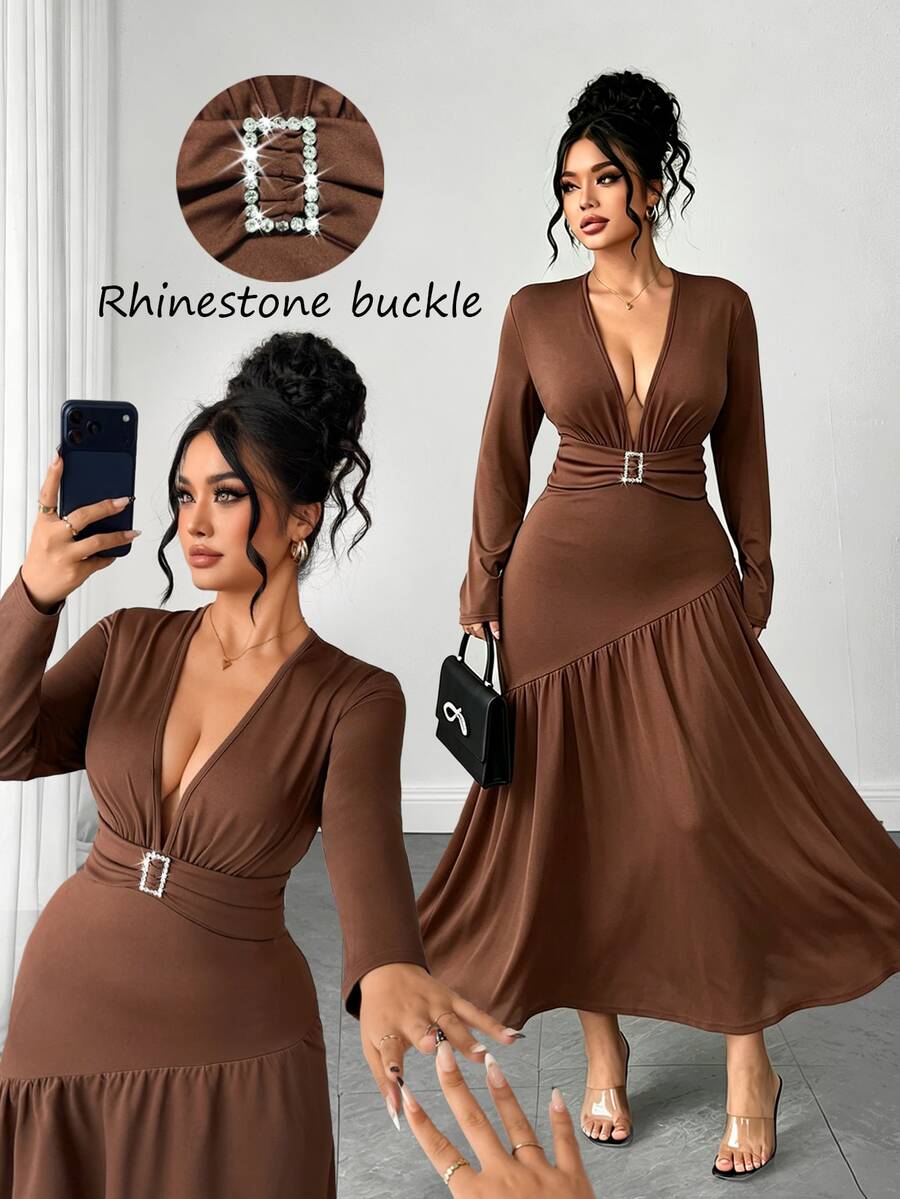 Elenzga Women's Autumn/Winter Deep V-Neck Long Sleeve Elegant Dress Fall Party Formal Dark Green - Brown - View 1
