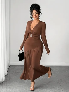 Elenzga Gaun Elegan Lengan Panjang Leher V Dalam untuk Wanita Musim Gugur/Dingin, Gaun Pesta Formal Musim Gugur Warna Hijau Tua - Coklat - View 7