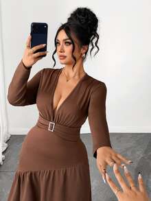 Elenzga Gaun Elegan Lengan Panjang Leher V Dalam untuk Wanita Musim Gugur/Dingin, Gaun Pesta Formal Musim Gugur Warna Hijau Tua - Coklat - View 4