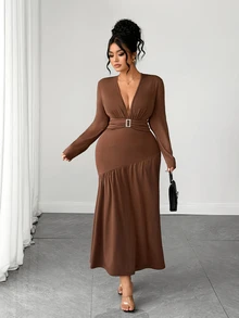 Elenzga Gaun Elegan Lengan Panjang Leher V Dalam untuk Wanita Musim Gugur/Dingin, Gaun Pesta Formal Musim Gugur Warna Hijau Tua - Coklat - View 8