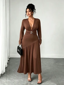Elenzga Gaun Elegan Lengan Panjang Leher V Dalam untuk Wanita Musim Gugur/Dingin, Gaun Pesta Formal Musim Gugur Warna Hijau Tua - Coklat - View 9