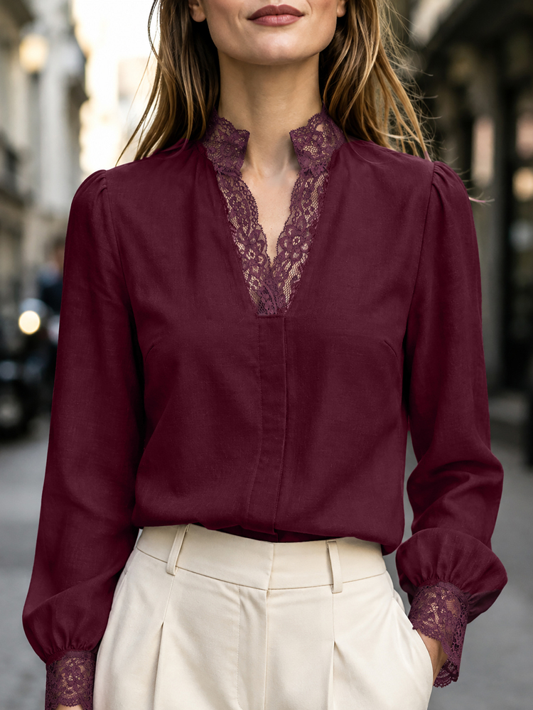 Balvessa Women's Solid Color Notched V-Neck Long Sleeve Contrast Lace Elegant Blouse - Burgundy - View 1