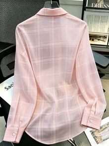 INAWLY Plus Size Casual Commuter Plaid Shirt Fall - Baby Pink - View 2