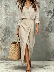 SHEIN Franclia Women's Light Khaki Solid Color Loose Shirt + High Waist Wrap Slit Midi Skirt Elegant Commute 2-Piece Set - Khaki - View 2
