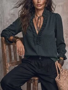 LUMIGAL Women's V-Neck Long Sleeve Linen Textured Blouse With Frill Trim, Casual Commute Style For Early Autumn - Black - View 7
