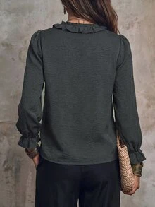 LUMIGAL Women's V-Neck Long Sleeve Linen Textured Blouse With Frill Trim, Casual Commute Style For Early Autumn - Black - View 2