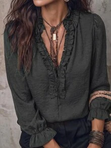 LUMIGAL Women's V-Neck Long Sleeve Linen Textured Blouse With Frill Trim, Casual Commute Style For Early Autumn - Black - View 4