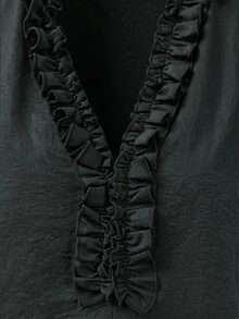 LUMIGAL Women's V-Neck Long Sleeve Linen Textured Blouse With Frill Trim, Casual Commute Style For Early Autumn - Black - View 3