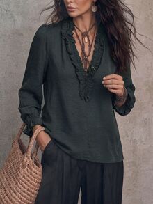 LUMIGAL Women's V-Neck Long Sleeve Linen Textured Blouse With Frill Trim, Casual Commute Style For Early Autumn - Black - View 6