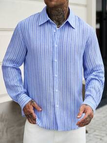 Manfinity CasualCool Casual Fashion Versatile Woven Striped Blue And White Shirt - Blue and White - View 5