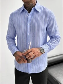 Manfinity CasualCool Casual Fashion Versatile Woven Striped Blue And White Shirt - Blue and White - View 1